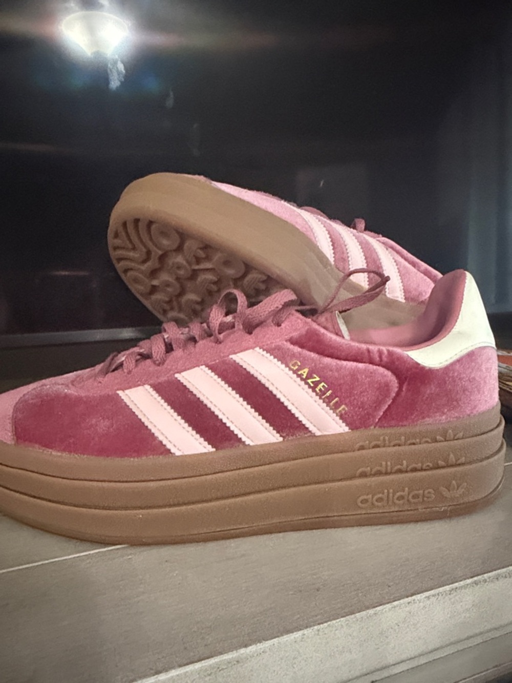 adidas Gazelle Platform Suede Sneakers in Pink and White with Gum Sole